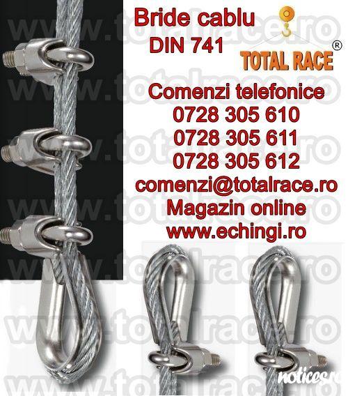 Total Race Romania comercializeaza bride sufe cablu turnate DIN741, bride sufe cablu otel, bride zincate pentru sufe cabluri cu diametru 3 mm la 40 mm , bride metalice de strangere cablu , bride fixare cablu. Puntea bridei este turnata iar surubul U din o