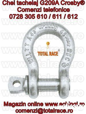 Total Race comercializeaza : chei tachelaj model G 209A tip omega marca Crosby, cheie tachelaj cu bolt filetat , chei tachelaj capacitati intre 2 Tone si 21 Tone . Cheile de tachelaj sunt in conformitate cu cerintele de performanta ale Fed. Spec. RR-C271D