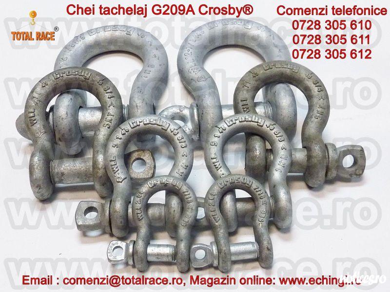 Total Race comercializeaza : chei tachelaj model G 209A tip omega marca Crosby, cheie tachelaj cu bolt filetat , chei tachelaj capacitati intre 2 Tone si 21 Tone . Cheile de tachelaj sunt in conformitate cu cerintele de performanta ale Fed. Spec. RR-C271D