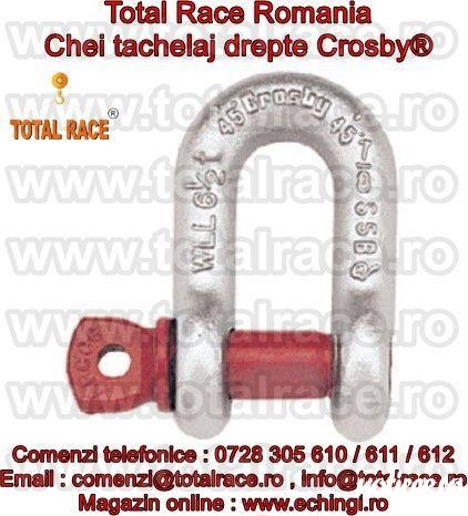 Total Race Romania va ofera :gambeti tip lira / drept marca Crosby®, chei tachelaj dreapte  cu bolt filetat, gambeti tip lira , shackles Crosby® ce au capacitati cuprinse intre 0.5 Tone si 55 Tone . Au factor de siguranta: MBL = 6 x WLL (Sarcina maxima 