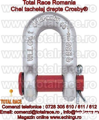 Total Race Romania va ofera :gambeti tip lira / drept marca Crosby®, chei tachelaj dreapte  cu bolt filetat, gambeti tip lira , shackles Crosby® ce au capacitati cuprinse intre 0.5 Tone si 55 Tone . Au factor de siguranta: MBL = 6 x WLL (Sarcina maxima 