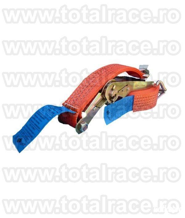 Total Race Romania va ofera uzual din stoc chingi de ancorare sistem 50A mm cu latime banda 50 mm , lungime 12 metri in conformitate cu EN 12195 – 2 , elongatie < 7 % cu clichet Stf 350 daN, din 2 parti , lungime 12 metri  , carlige tip gheara dublu , d
