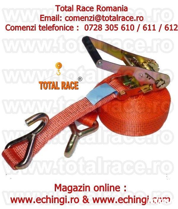 Total Race Romania livreaza din stoc Bucuresti: chingi de ancorare sistem 50A mm cu latime banda 50 mm , in conformitate cu EN 12195 – 2 , elongatie < 7 % cu clichet Stf 350 daN, din 2 parti , carlige diverse modele(de exemplu carlige ancorare tip ghear