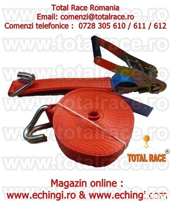 Total Race Romania livreaza din stoc Bucuresti: chingi de ancorare sistem 50A mm cu latime banda 50 mm , in conformitate cu EN 12195 – 2 , elongatie < 7 % cu clichet Stf 350 daN, din 2 parti , carlige diverse modele(de exemplu carlige ancorare tip ghear