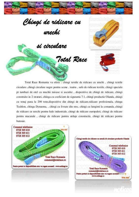 Total Race livreaza din stoc sufe macara, chingi textile de ridicare cu lungimi mici , chingi de ridicare, chingi textile din poliester, chingi cu urechi,chingi plate, chingi rotunde, chingi circulare, chingi productie Olanda,sufe textile de ridicare, suf