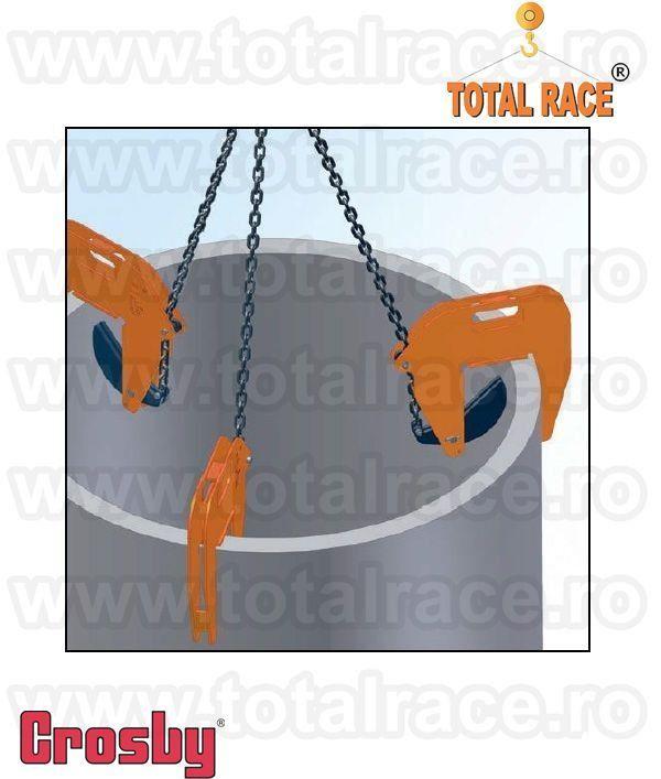 Total Race comercializeaza dispozitive din lant cu clesti pentru ridicarea verticala a tuburilor de beton,dispozitive cu 3 brate de lant si clesti model IPCC productie Crosby Interproduct Olanda,  dispozitive de lant cu clesti deschidere reglabila,clesti 