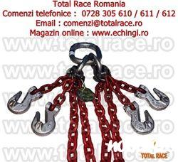 Total Race Romania livreaza din stoc lanturi de ridicare grad 100, dispozitive de ridicare din lanț cu 1-4 ramuri, terminatie carlige clevis si siguranța și scurtatoare, sisteme de macara din lant grad 100 cu 1-4 brațe, terminatie carlige cu autobloca