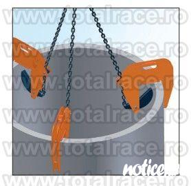 Total Race Romania livreaza din stoc cleste pentru ridicare tuburi si inele din beton, cleste pentru manevrare camine beton, clesti pentru tuburi beton cu dispozitiv din lant cu 3 brate , clesti camine de beton cu deschidere falci reglabila, dispozitive d