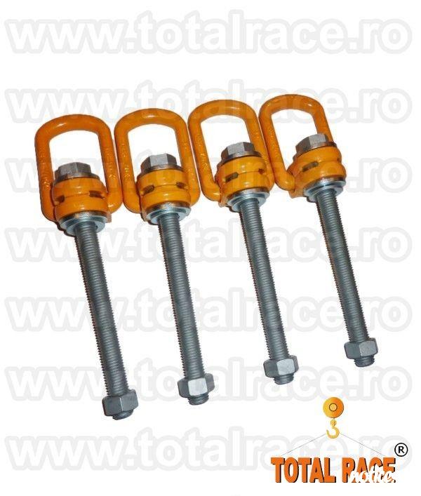 Total Race Romania livreaza din stoc  inele ridicare rotative cu articulatie, puncte ridicare flexibile cu tija lunga si piulita , inele ridicare cu tija filetata lunga, inele flexibile ridicare cu tija cu dimensiuni intre 76 mm – 295 mm, ocheti ridicar