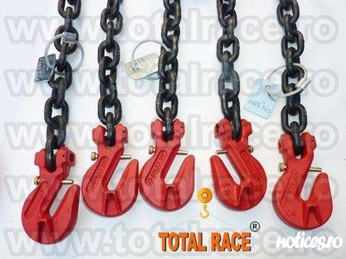 Total Race comercializeaza din stoc Bucuresti lant de ancorare de 13 mm , Lc=10000 daN ce contin: intinzator lant cu carlige de scurtare la capete 13 mm , 2 carlige cu siguranta 13 mm , cu montare directa pe lant,  lant negru grad 80 cu lungime la cerere 