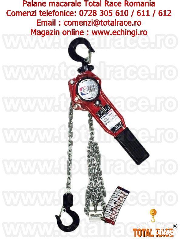 Total Race comercializeaza cu livrare din stoc Bucuresti : palan manual cu actionare prin brat pentru tensionare , amarare sarcini , palane manuale lant capacitati 250 Kg – 6000 Kg , macara cu levier 250 Kg, palane manuale cu levier 500 Kg , palan profe