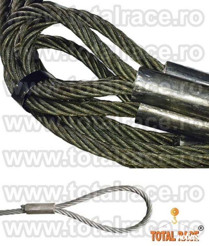 Total Race Romania livreaza din stoc cabluri de legare cu capete manșonate, cu inimă metalică , sufe metalice constructie  6x36ws+stk , cablu metalic cu manson talurit capacitate 1,84 tone , 2,17 tone , 3,29 tone , sufe metalice cu manson talurit dimen